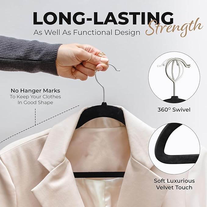 50 Pack Velvet Hanger for Shirt Pants Dresses Skirts Suits Jackets - Slim Space Saving Design - Standard Coat Hanger - Sturdy & Durable Design with Shoulder Grooves Hook - Black