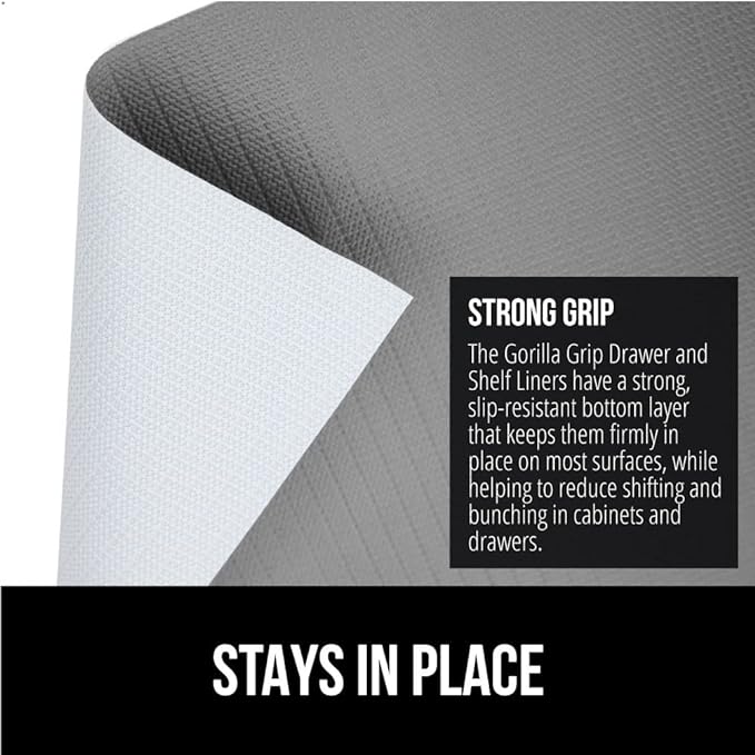 GORILLA GRIP Slip Resistant Drawer and Shelf Liner 2 Pack, Non Adhesive Water Resistant, Easy Clean and Trim, Smooth Surface Liners for Kitchen Cabinet, Shelves, Drawers, Pantry, 12 in x 20 FT, Gray
