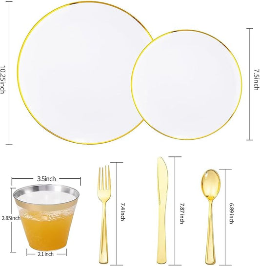 WELLIFE 600PCS White and Gold Plastic Dinnerware Set - Includes 100 Dinner Plates, 100 Dessert Plates, 300 Plastic Cutlery, 100 Cups - Perfect for 100 Guests, Weddings & Parties
