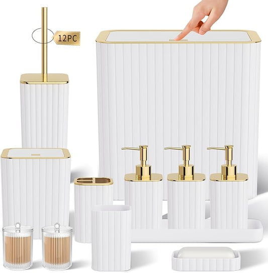 Bathroom Accessory Set - Bathroom Set, 12PC Bathroom Accessories Set, White Bathroom Accessories Set, Mini Trash Can, Toilet Brush, Trash Can & Soap Dispenser