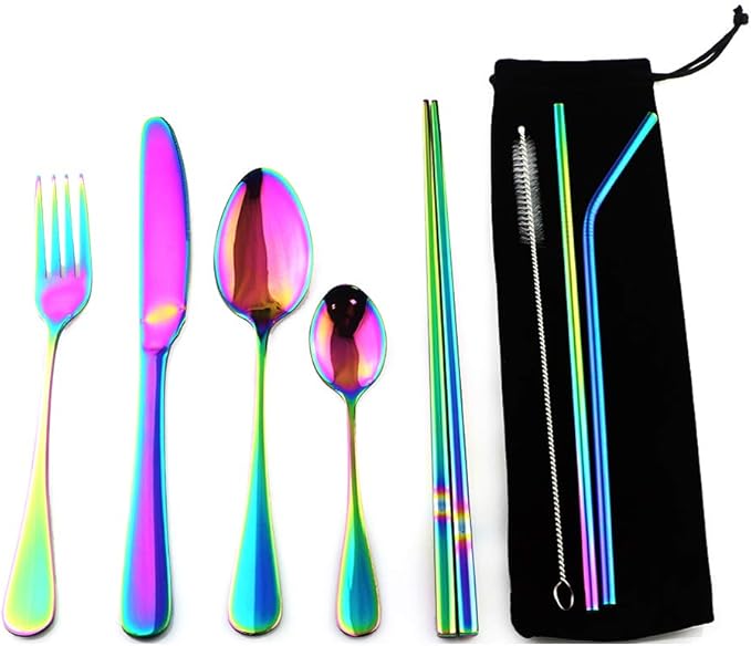Gugrida Rainbow Reusable Utensils with Case, Healthy & Eco-Friendly 8 Pieces Portable Stainless Steel Flatware Tableware Dinnerware Set, Portable Travel Camping Cutlery Knife Fork Spoon Straws Set