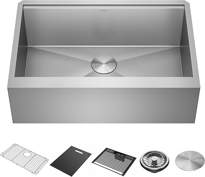 DELTA FAUCET Rivet 30-inch Workstation Farmhouse Apron Front Kitchen Sink Undermount 16 Gauge Stainless Steel Single Bowl with WorkFlow Ledge and Kit of 5 Accessories, 95C9031-30S-SS