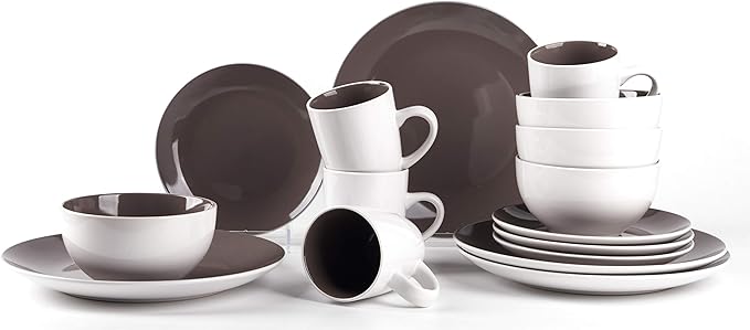 Stoneware Coupe Shape 16pc Dinnerware Set, Outside White + InsideTaupe