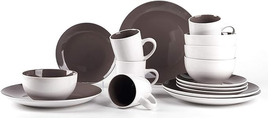 Stoneware Coupe Shape 16pc Dinnerware Set, Outside White + InsideTaupe