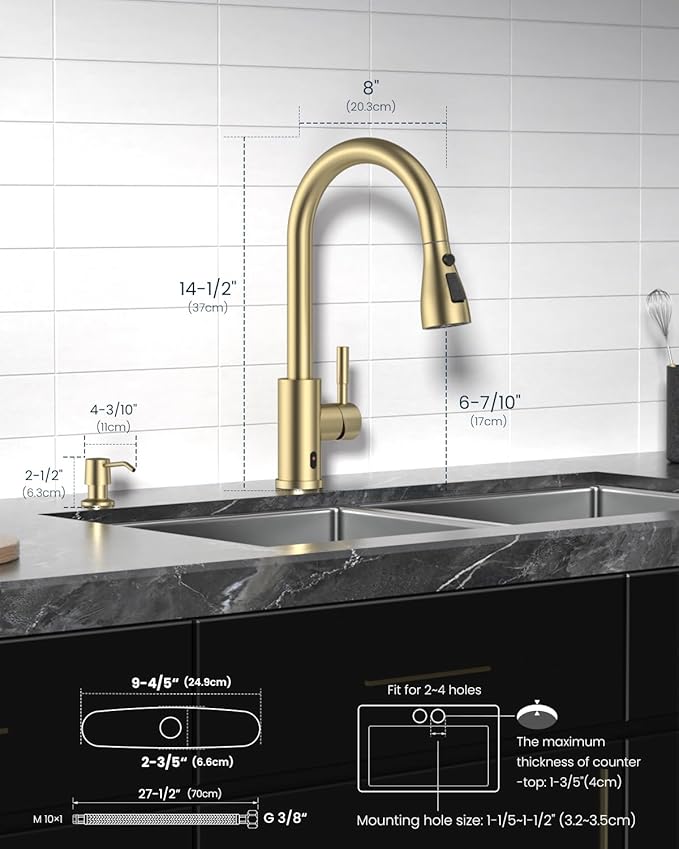 DAYONE Gold Touchless Kitchen Faucet with Soap Dispenser 3-Mode, Brushed Gold Motion Sensor Hands-Free Automatic Sink Faucet with Pull Down, Stainless Steel Single Handle Smart Faucets for Kitchen