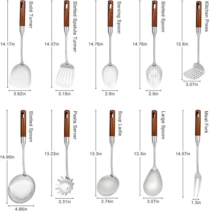 Stainless Steel Kitchen Utensils Set with Wood Handle,10PCS Metal Cooking Utensils Set, Stainless Steel Cooking Utensils Sets Heat Resistant Wok Tools(12-15in)