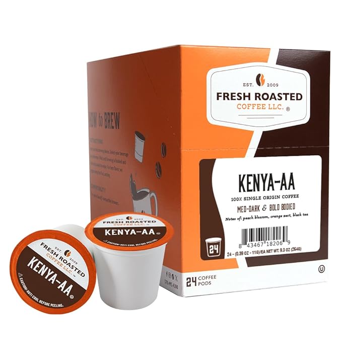 Fresh Roasted Coffee, Kenya AA, Med-Dark Roast, 24 Pods for K Cup Brewers