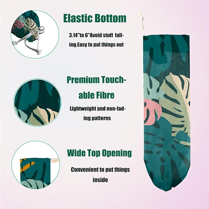 2 Pcs Palm Leaves Plastic Bag Holder, Botanical Grocery Bag Holder for Plastic Bags, Reusable Grocery Bag Organizer with Drawstring, Pull Rope Free Adjustment, Home Kitchen Pantry Decor, 22.5x9 Inch