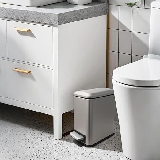 Bathroom Trash Can, 5 Liter / 1.3 Gallon Stainless Steel Garbage Can with Removable Inner Bucket, Slim Trash Bin for Small Spaces, Soft Close, Step Pedal, Fingerprint Proof, Grey