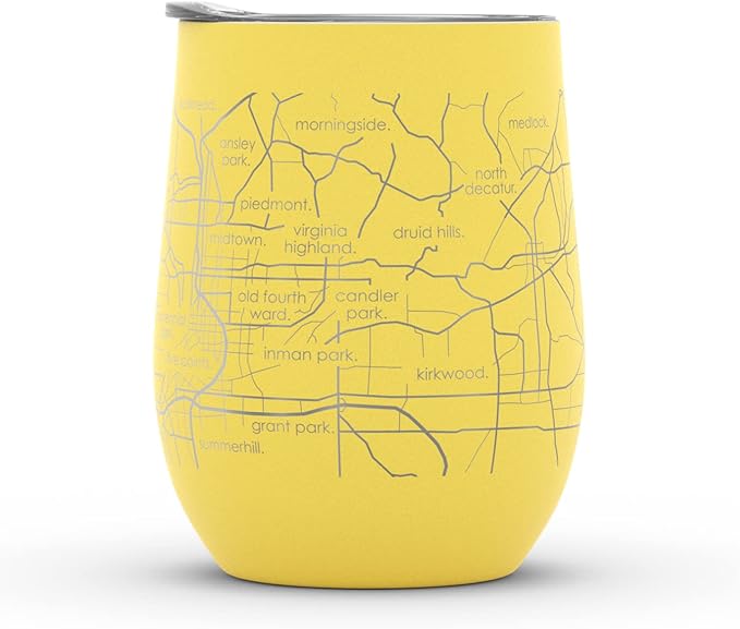 Well Told Engraved Atlanta Georgia Map Insulated Wine Tumbler, Etched Stainless Steel Cup (12 oz, Sunrise Yellow) City Map Insulated Tumbler, Custom Insulated Tumbler, Outdoor Drinkware