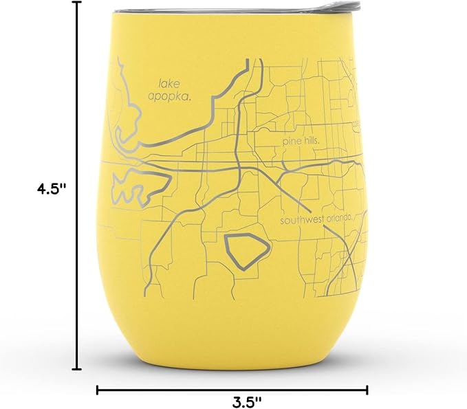 Well Told Engraved Orlando Florida Map Insulated Wine Tumbler, Etched Stainless Steel Cup (12 oz, Sunrise Yellow) City Map Insulated Tumbler, Custom Insulated Tumbler, Outdoor Drinkware