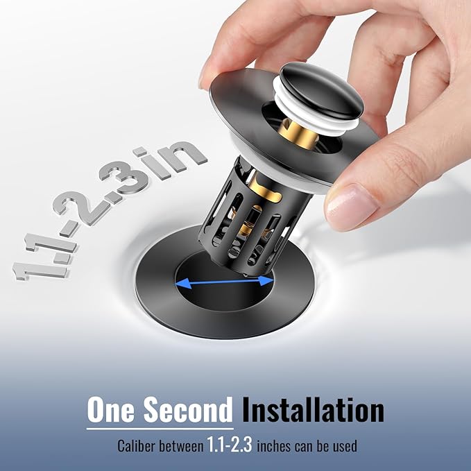 (2 Pc) Bathroom Sink Stopper-All Metal Sink Stopper-Universal Fit 99% Bathroom Stopper with Removable Stainless Steel Hair Catcher- Basin (1.1'' to 2.36'' inch) - Black