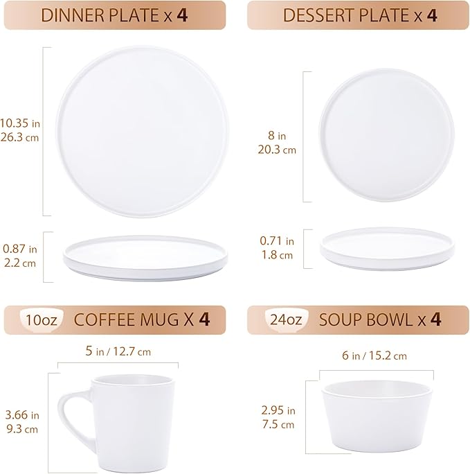 Plates and Bowls Sets for 4 - CJDC-QUELO 16 Piece Stoneware Dinnerware Sets with Mugs, Ceramic Dishware Sets for Kitchen Dining Use, Chip and Scratch Resistant Microwave Dishwasher Safe, White