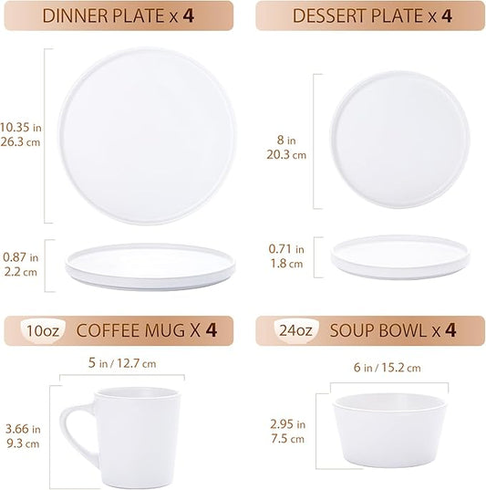 Plates and Bowls Sets for 4 - CJDC-QUELO 16 Piece Stoneware Dinnerware Sets with Mugs, Ceramic Dishware Sets for Kitchen Dining Use, Chip and Scratch Resistant Microwave Dishwasher Safe, White