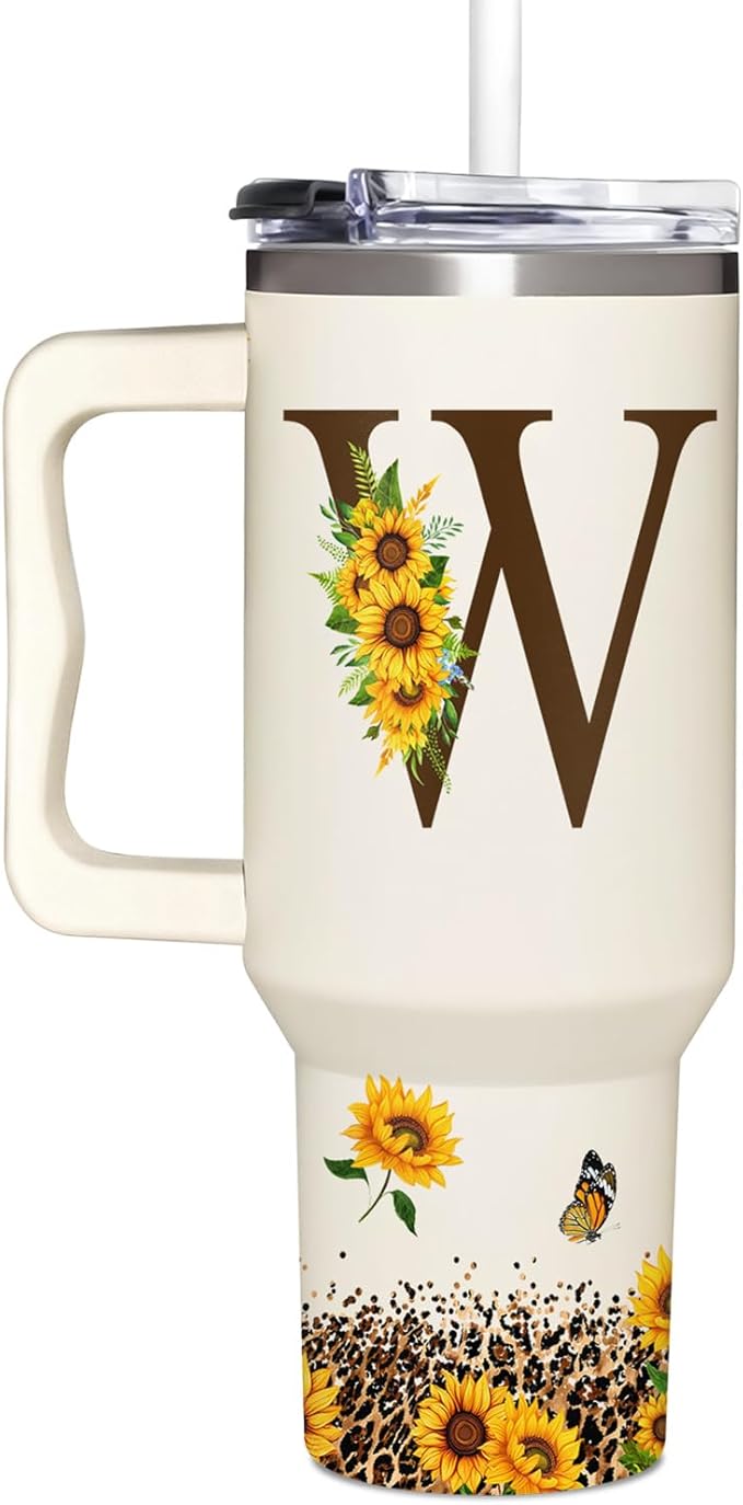 Personalized Birthday Gifts For Women - Sunflowers Monogrammed Cup For Boss Day, Christmas - Customized Gifts For Women, Mom, Wife, Coworkers, Boss Lady, Her - Custom Tumbler With Handle 40oz