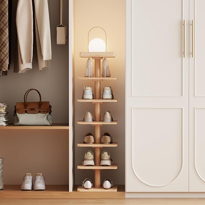 Narrow Shoe Rack for Entryway - Wood Narrow Shoe Rack with Compact Design for Small Space, 6-Tier Shoe Organizer for Entryway Hallway Bedroom Closet