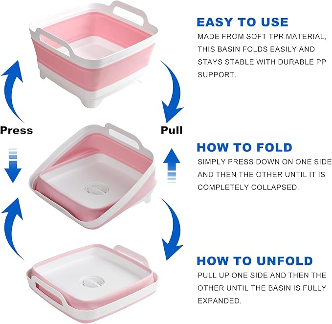 Collapsible Dish Basin, 2.4 Gallon Foldable Kitchen Sink with Drain Plug for Space-Saving Dish Washing, Vegetable & Baby Bottle Cleaning