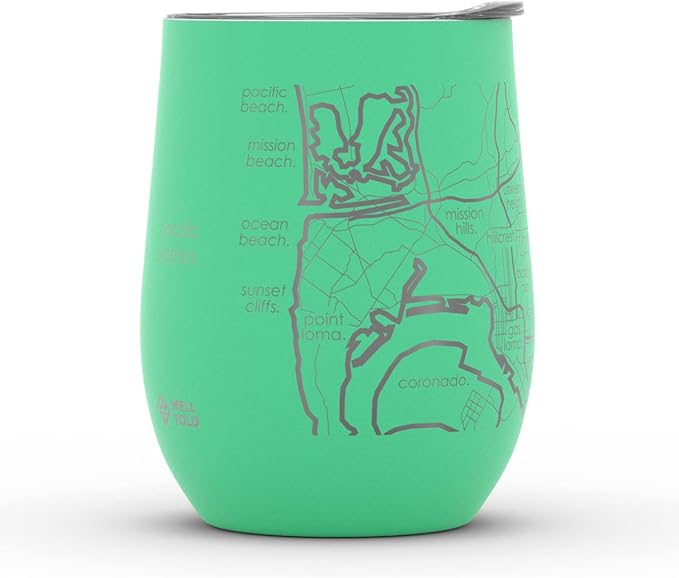 Well Told Engraved San Diego California Map Insulated Wine Tumbler, Etched Stainless Steel Cup (12 oz, Sunday Green) City Map Insulated Tumbler, Custom Insulated Tumbler, Outdoor Drinkware