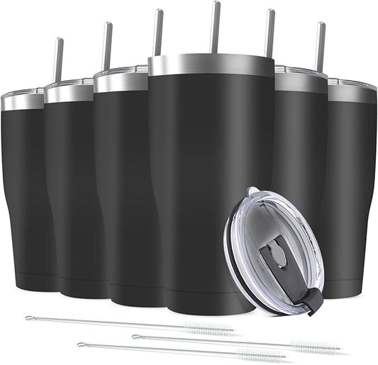 6 Pack 20oz Stainless Steel Tumblers Bulk Reusable Travel Mugs with Lid, Double Wall Powder Coated Coffe Cup for Home, Office, Outdoor Suitable for Vehicle Cup Holders