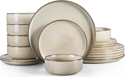 Herogo Stoneware Plates and Bowls Sets for 6, 18 Pieces Modern Round Dinnerware, Reactive Glaze Dishes Set for Kitchen, Chip Resistant, Microwave & Dishwasher Safe, Cream Khaki