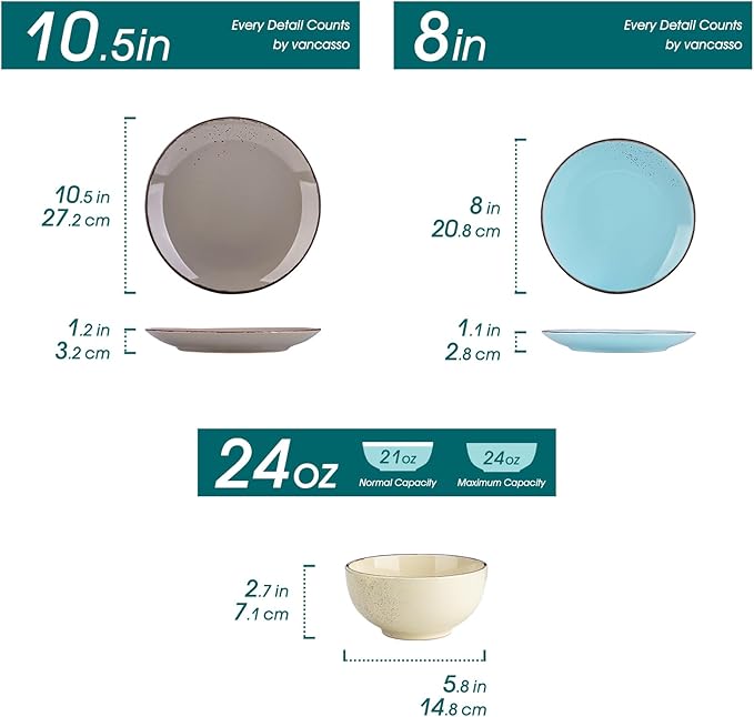 vancasso Navia Dinnerware Sets, Stoneware Plates and Bowls Sets, Dinner Salad Dessert Plates and Cereal Bowls Set, Dishes Set for 4, Spray Spot Patterned, Multi-Color