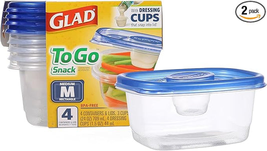Glad GladWare To Go Snack Food Storage Containers - Medium Round - Meal Container Holds up to 24 Ounces of Food - Lock Tight Seal, 4 Count - 2 Pack