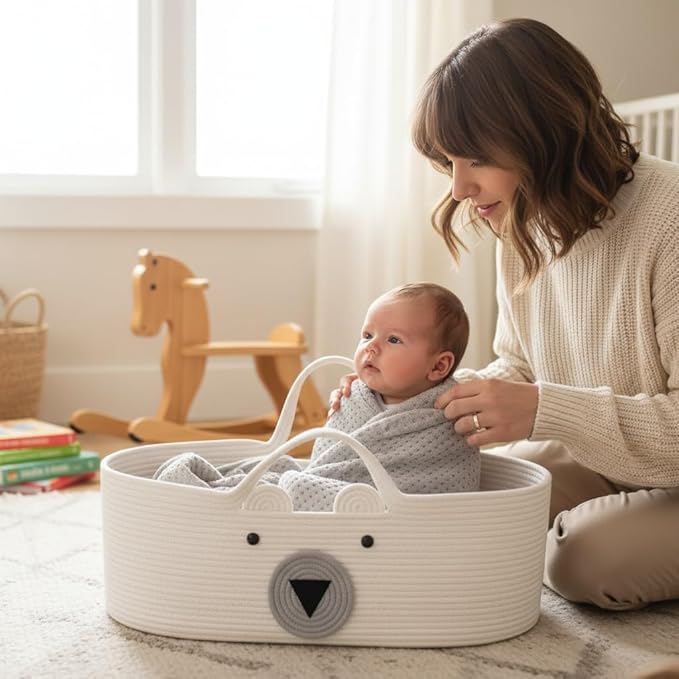 Collapsible Cotton Rope Basket with Handles, Space-Saving Organizer for Baby Stuff, Toys, Laundry, Picnic Supplies, and Small Pets 28 × 16in