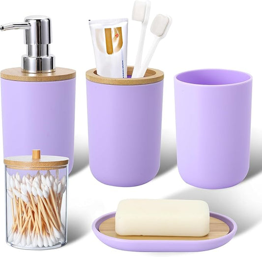iMucci Bathroom Accessories Set 5Piece Light Purple Bathroom Sets, Toothbrush Holder, Toothbrush Cup, Lotion Soap Dispenser, Soap Dish and Qtip Holder Bathroom Decor