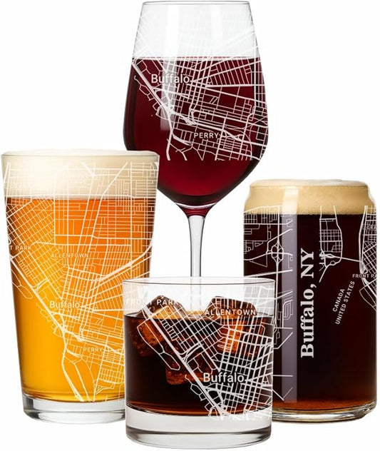 Blue Ridge Mountain Gifts - Buffalo Souvenir - New York Glassware Gift, Etched City Map, Laser Engraved and Dishwasher Safe