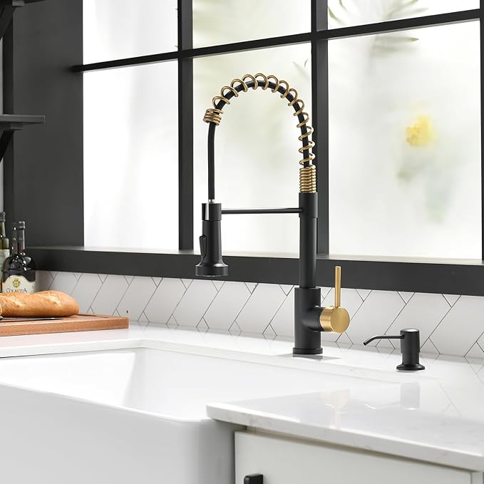 GIMILI Black and Gold Kitchen Faucet with Soap Dispenser Commercial Single Handle Spring Pull Out Kitchen Sink Faucets with Pull Down Sprayer