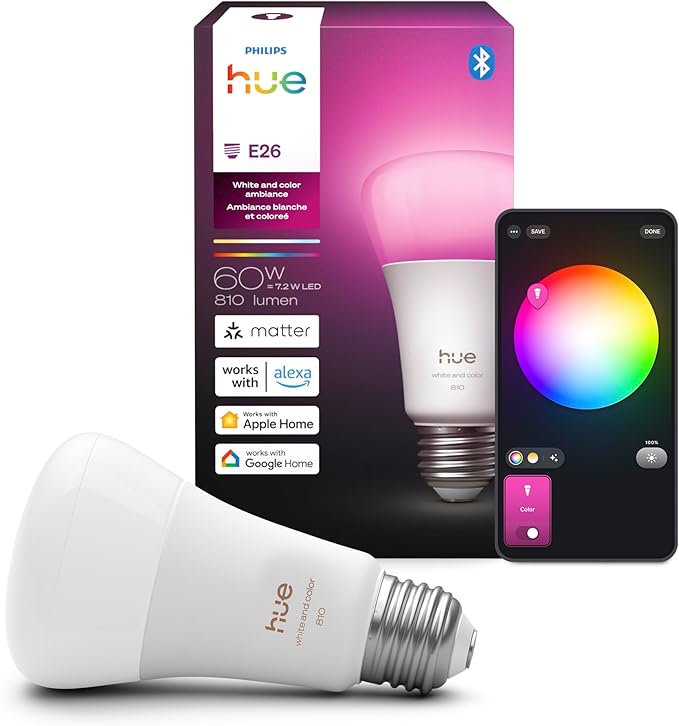 Philips Hue Smart LED A19 Bulb 1-Pack, White & Color Ambiance, E26 Base, 7.2W, Full Spectrum Light 1000K-20000K, 810 Lumens, Dimmable, Works with Alexa, Google, & Apple Home