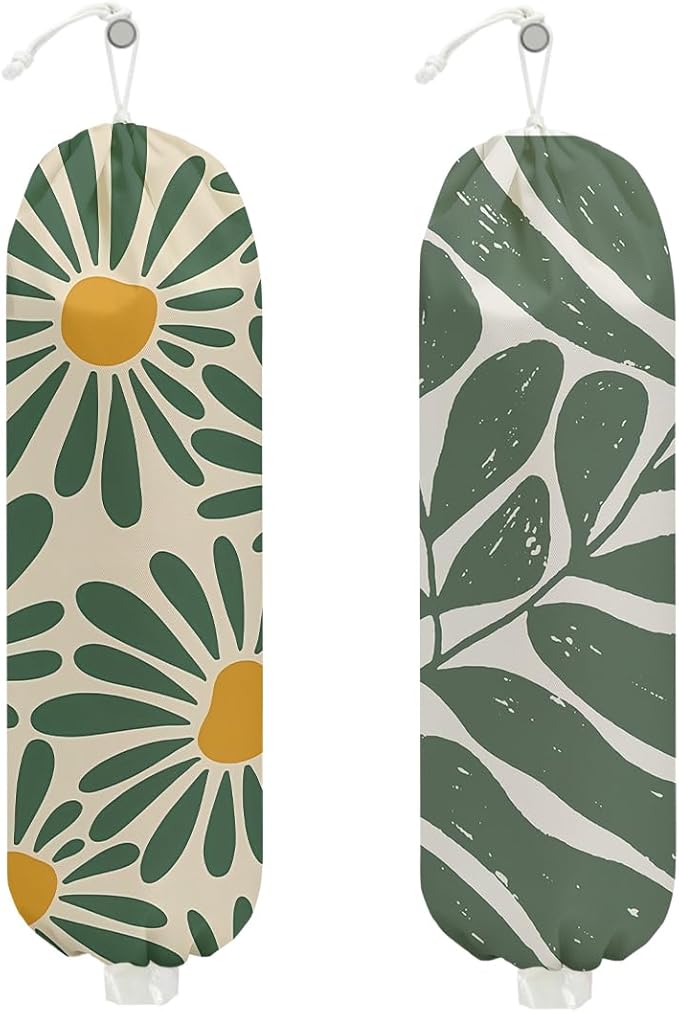 2 Pcs Botanical Plastic Bag Holder, Wall Mount Grocery Bag Holder for Plastic Storage bag, Washable Floral Grocery Bags Organizer Storage Dispenser, Pull Rope Free Adjustment, Flower Gifts for Women