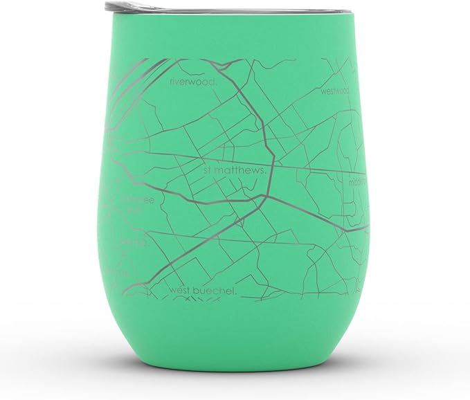 Well Told Engraved Louisville Kentucky Map Insulated Wine Tumbler, Etched Stainless Steel Cup (12 oz, Sunday Green) City Map Insulated Tumbler, Custom Insulated Tumbler, Outdoor Drinkware