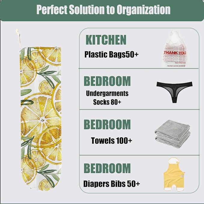 Lemon Plastic Bag Holder for Kitchen Essentials, Wall Mount Grocery Bag Holder for Plastic Bags, Reusable Large Grocery Bags Storage Dispenser for Home Kitchen Pantry Decor, Lemon Gifts for Women Wife