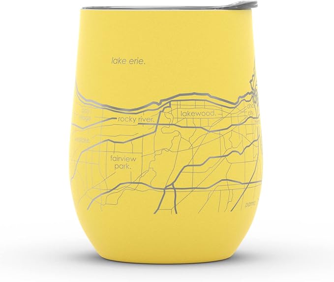Well Told Engraved Cleveland Ohio Map Insulated Wine Tumbler, Etched Stainless Steel Cup (12 oz, Sunrise Yellow) City Map Insulated Tumbler, Custom Insulated Tumbler, Outdoor Drinkware