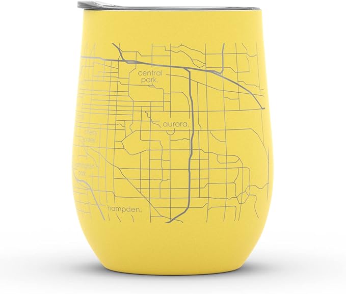 Well Told Engraved Denver Colorado Map Insulated Wine Tumbler, Etched Stainless Steel Cup (12 oz, Sunrise Yellow) City Map Insulated Tumbler, Custom Insulated Tumbler, Outdoor Drinkware