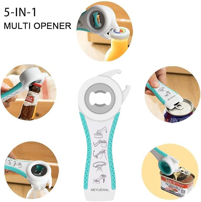 Jar Opener for Weak Hands - 5 in 1 Multi Function Can Opener Bottle Opener Kit with Silicone Handle Easy to Use for Children, Elderly and Arthritis Sufferers (White Green）