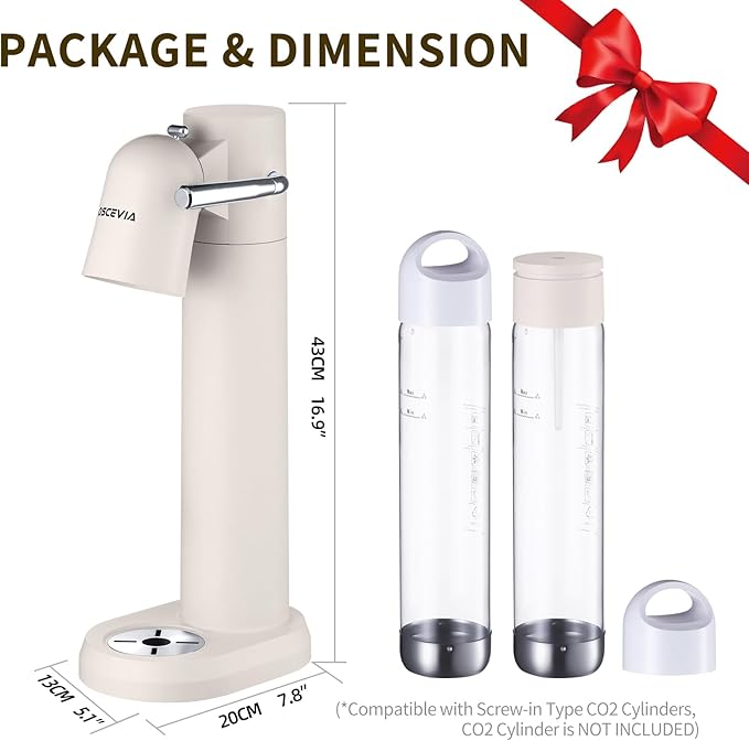 Sparkling Water Machine, Seltzer & Carbonator for Drinks, Soda Steaming Dispenser, Carbonator Machine with 2 BPA Free Bottles(1L), Compatible with Screw-in 60L CO2 Cylinder(NOT Included), White