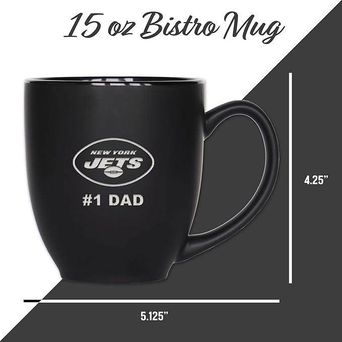 Rico Industries NFL Football #1 Dad 15oz Laser Engraved Matte Black Ceramic Bistro Mug - for Hot or Cold Drinks
