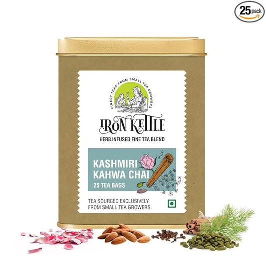 Iron Kettle Kashmiri Kahwa Green Tea | High Grown Tea blended with spices for perfect aromatic detox | Sourced exclusively from small tea growers with higher fine leaf count | 25 Tea Bags