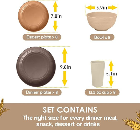 Teivio 32-Piece Kitchen Plastic Wheat Straw Dinnerware Set, Service for 8, Dinner Plates, Dessert Plate, Cereal Bowls, Cups, Unbreakable Colorful Plastic Outdoor Camping Dishes, Desert
