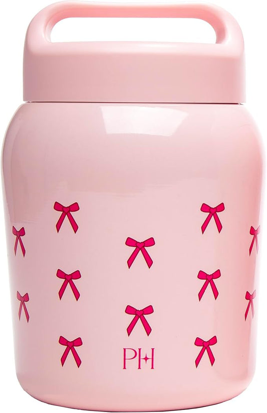 Paris Hilton Stainless Steel Food Jar, Double Wall Vacuum Sealed Insulated Food Storage Container with Carry Handle Lid, 24-Ounce, Pink with Bow Design