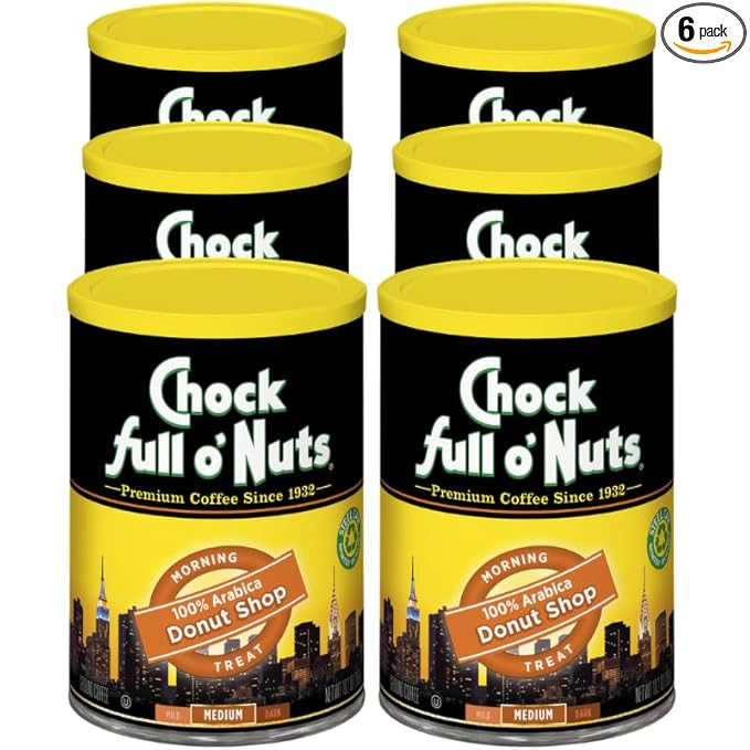 Chock Full o' Nuts Donut Shop Ground Coffee – Premium Beans in Recyclable Steel Can – Rich Flavor & Aroma, Medium Roast – Perfect for Drip, Pour-Over, Percolator – 10.2 Oz Can, Pack of 6