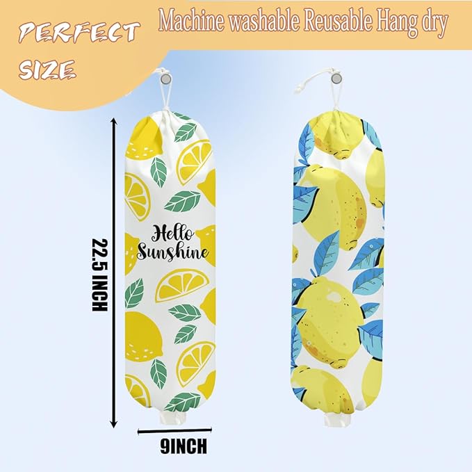 2PCS Lemon Plastic Bag Holder, Wall Mount Grocery Bag Holder for Plastic Storage bag, Lemon Storage Organizer Reusable Grocery Bags, Pull Rope Free Adjustment, Gifts for Women Mom Grandma