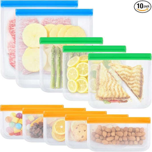 10 Pack Reusable Sandwich Bags, Dishwasher Safe Food Storage Bags, Leakproof Freezer Bags for Marinate Meats, Travel, Lunch, 2 Gallon 3 Sandwich 5 Snack