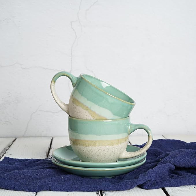 Bosmarlin Ceramic Cappuccino Cup and Saucer Set of 2, 10 Oz, Coffee Cups for Latte, Espresso, Tea, Dishwasher and Microwave Safe (Mint Green)