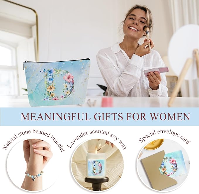 Personalized Gifts Monogrammed Birthday Gifts for Women, Niece Auntie Boss Teacher Appreciation Christmas Initial Wine Tumbler Makeup Bag Scented Candle Bracelet Set, (Aesthetic Blue Flower D)