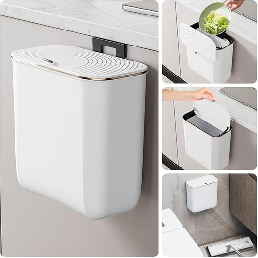 2.4 Gallon Hanging Trash Can - Small Under Sink Trash Can with Lid, Wall Mounted Compost Bin for Kitchen Cupboard Countertop, Odor-Control, Extended Clamping Ring, PET Material, White