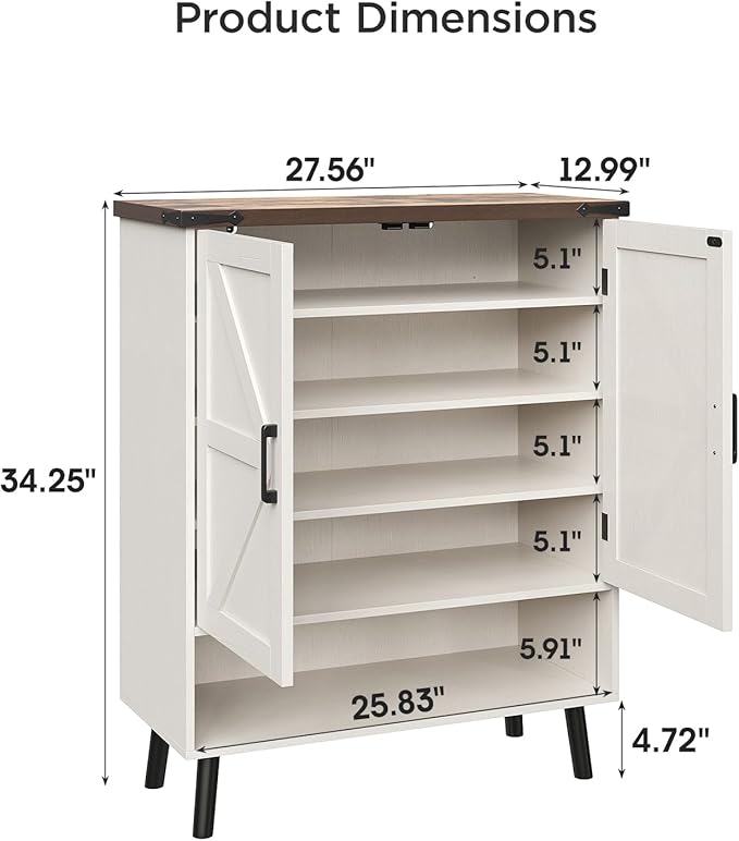 Vabches Farmhouse Shoe Storage Cabinet with Doors, 5 Tier Small Shoe Cabinet with Adjustable Shelves and Metal Legs, 34" Tall Shoe Rack Organizer for Entryway, Foyer, White