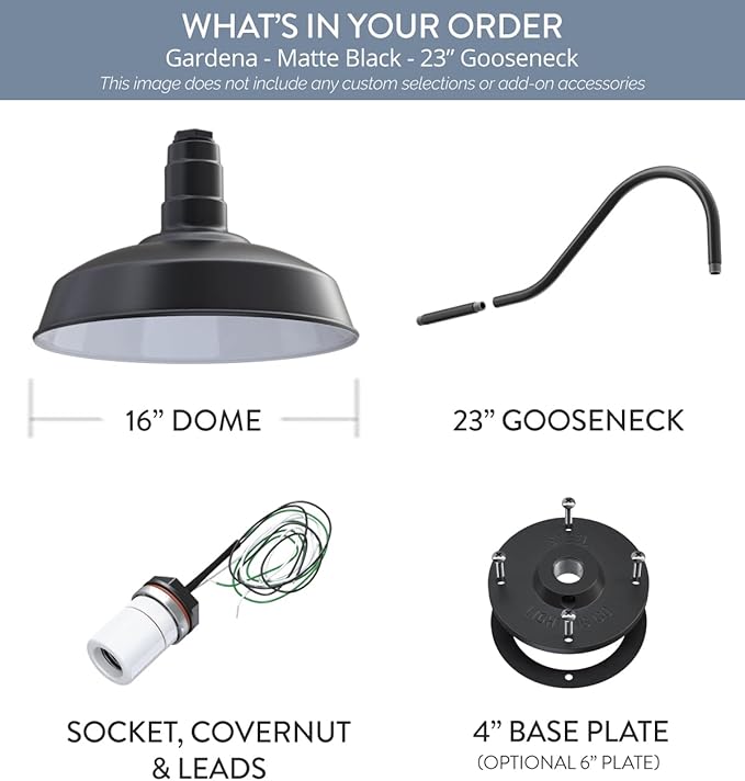 Steel Lighting Co. | Dusk to Dawn | Gardena Barn Light | Outdoor Wall Mounted | 16" Dome | 23" Gooseneck | Farmhouse Light Made in America | Matte Black Exterior/White Interior